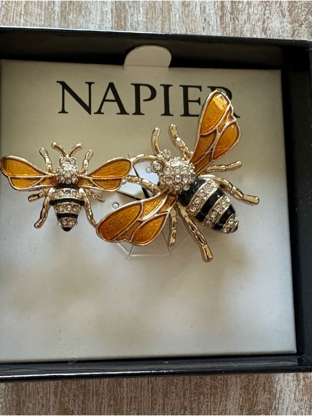 Napier Honey Bee Duo Brooch Pin Jeweled Enameled Good Toned Accessories Wings